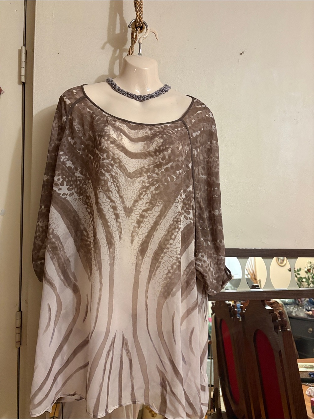 Brown and Cream Printed Long-Sleeve Tunic Top. Viscose